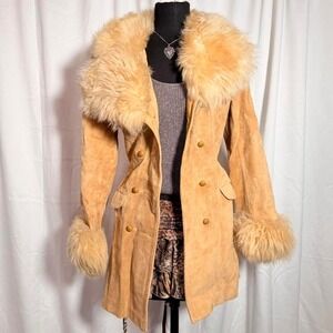 Vintage Tan Suede Fur Trim Coat – Women's Size S (Tag 10)